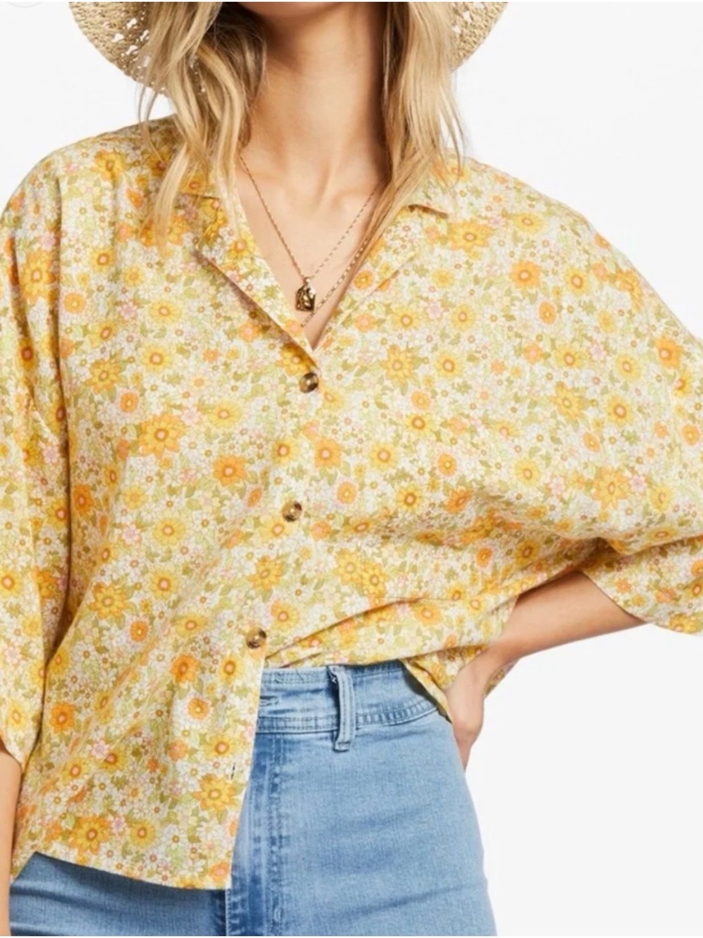 Billabong All Good Button-Down Top Yellow Floral Print Shirt Size Med